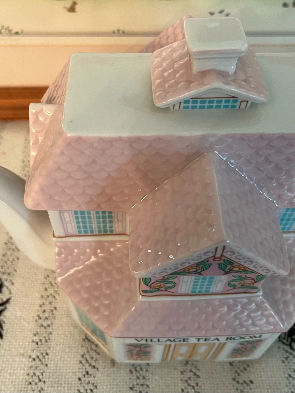 LENOX Village Tea Room Pink Ceramic House Teapot, Vintage 1990s